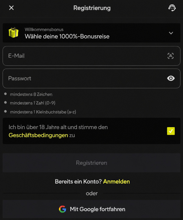 Registrieren Sie ein Konto auf der Website